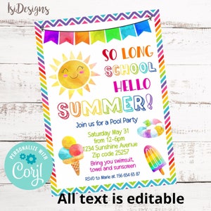 Editable End of School Party Invitation, Hello Summer, School’s Out, Pool Party, Last Day of School Party Invite, Instant Download