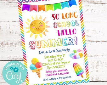 Editable End of School Party Invitation, Hello Summer, School’s Out, Pool Party, Last Day of School Party Invite, Instant Download