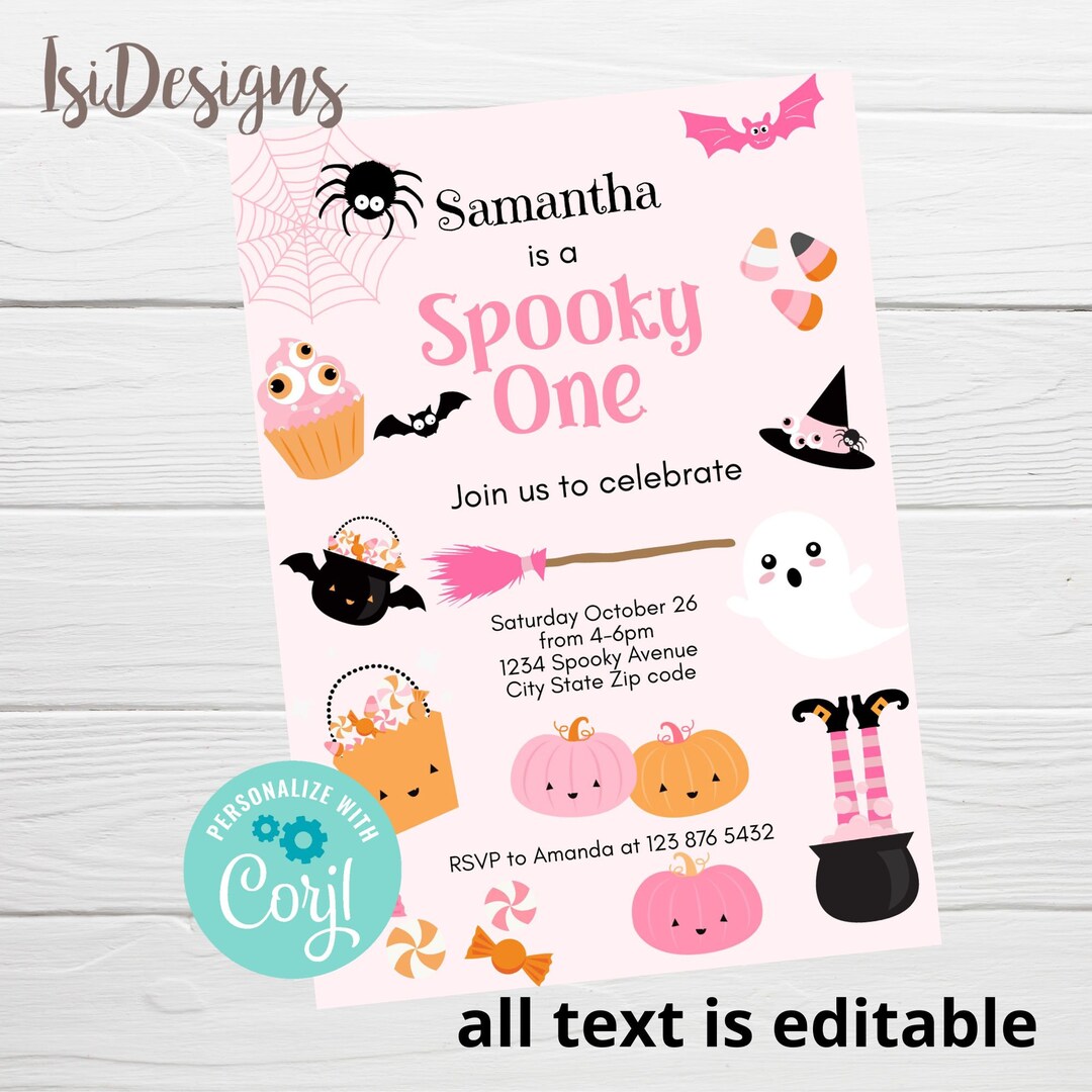 Pink Halloween Birthday Invitation Spooky One Ghost Party Invite, Cute