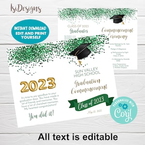 Graduation Program Editable Template, Green and Gold College High School Graduation Ceremony, 8th Grade Graduation Announcement Download