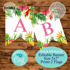 Puede incluir: Banner editable con un tema tropical que presenta las letras A y B rosas, hojas verdes y flores amarillas y rosas. El banner mide 12,7 x 17,8 cm e imprime dos banderas. El texto "PERSONALIZE WITH Coryl" está en un círculo en el lado izquierdo de la imagen.