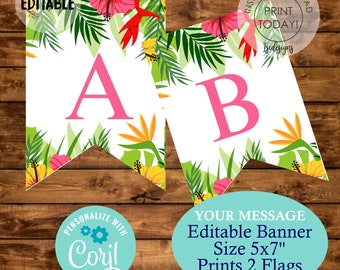 May include: Editable banner with a tropical theme featuring pink letters A and B, green leaves, and yellow and pink flowers. The banner is 5x7 inches and prints two flags. The text "PERSONALIZE WITH Coryl" is in a circle on the left side of the image.