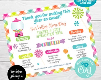 Teacher Appreciation Week Flyer, Instant Download, Editable Itinerary Poster, Week Schedule Events Template, Teacher Staff Sign