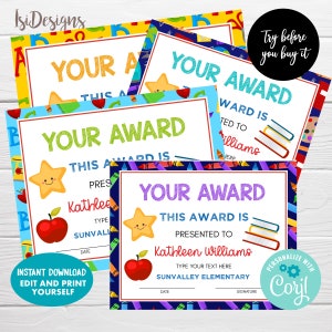 Editable Award Certificate, Instant Download, Printable Diploma, Certificate of Achievement, Editable Award Certificate Bundle Template