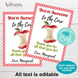 Teacher Gift Tags, You Are Awesome to the Core Teacher Appreciation, Editable Apple School PTO PTA Thank Tags, Instant Download