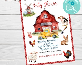 Boerderij baby shower uitnodiging, BEWERKBARE genderneutrale boerderijdieren uitnodigen, Ranch baby shower uitnodigen Corjl bewerkbare sjabloon, Instant Download