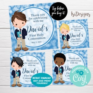 First Holy Communion Boy Favor Tags, Blue Communion Favor Labels, Etiquetas Primera Comunion