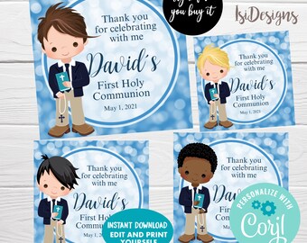 First Holy Communion Boy Favor Tags, Blue Communion Favor Labels, Editable Gift Tags, Etiquetas Primera Comunión