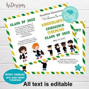 Puede incluir: Una invitación imprimible para la ceremonia de graduación de jardín de infancia con un diseño verde, dorado y blanco. La invitación presenta ilustraciones de dibujos animados de niños con atuendo de graduación e incluye texto editable.