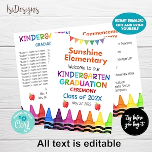 Peut inclure: Affiche imprimable pour la cérémonie de remise de diplômes de maternelle avec un fond aquarelle de crayons et de pommes rouges. L'affiche indique "Sunshine Elementary" et "Bienvenue à notre cérémonie de remise de diplômes de maternelle Classe de 202X 27 mai 2022".