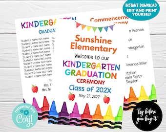 Graduation Ceremony Program Editable Template, Kindergarten Graduation Announcement, Instant Download, Preschool Graduation Program