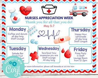 Nurses Appreciation Week Planner Flyer Calendar, Editable Medical National Nurses Week Calendar, Nurse Appreciation Week Schedule, Download