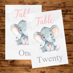 Elephant Printable Table Numbers, Instant Download, Pink and Gray Watercolor Elephant 20 Table Numbers, Baby Shower Decoration