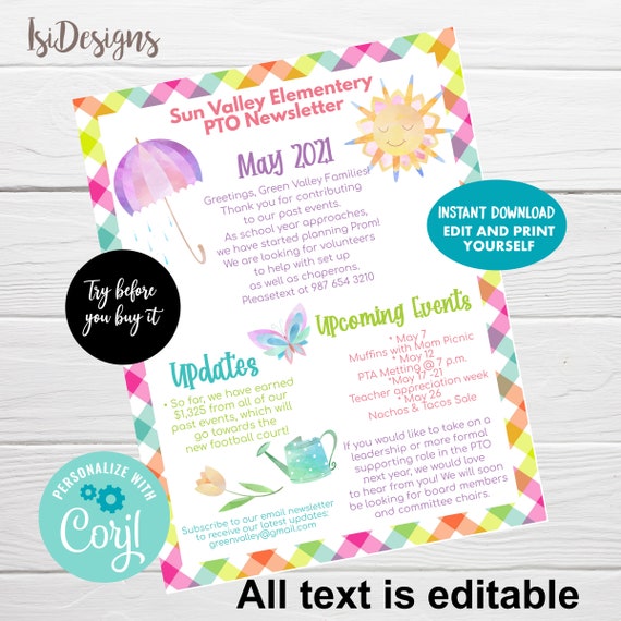 Editable PTO PTA May Newsletter, School Newsletter, May Event Calendar, Instant Download, Newsletter Template, Spring Meeting Agenda Il_570xn