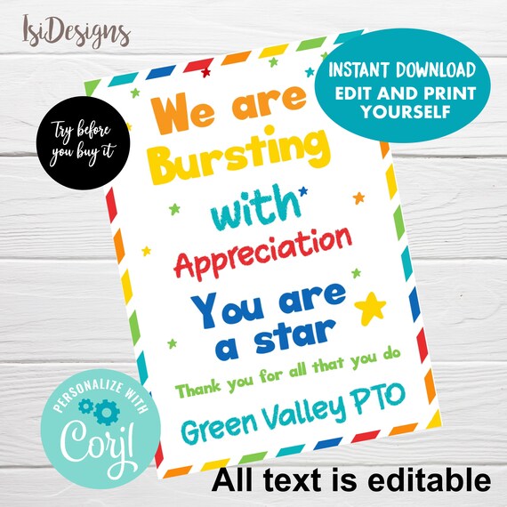 Bursting with appreciation gift tag, Teacher Nurse Staff Editable Favor
