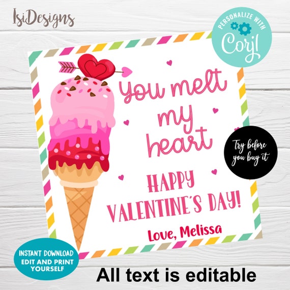 Ice Cream Valentine's day Card, You melt my heart gift tag, Editable Valentine's day School Favor Tags, Instant Download Il_570xn