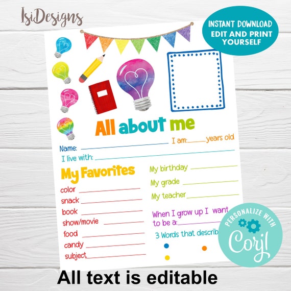 All About Me Printable Editable About Me Questionnaire Template First 