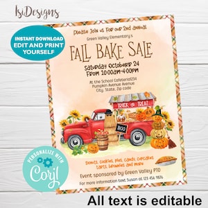Fall Bake Sale Editable Flyer, Fall Festival Invitation, Autumn Bakery, Instant Download, PTO /PTA  School Church Event, Marketing Flyer