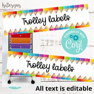 EDITIERBARE Rollwagen-Etiketten, Lehrer-Klassenzimmer-Dekoration, Sofort-Download, Schubladen-druckbare Etiketten, Trolley-Etiketten