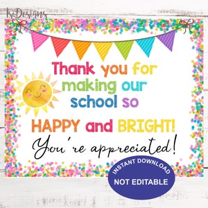 Dankesschild für die Lehrerwoche, Sofortiger Download, Danke, dass Sie unsere Schule so glücklich und strahlend gemacht haben, Sunshine Cart Sign