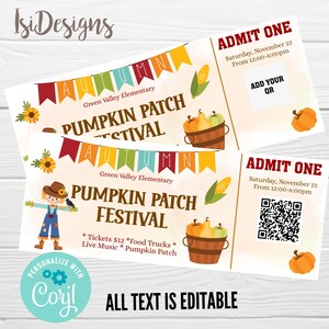 Puede incluir: Dos entradas para el Festival de la Calabaza con gráficos otoñales. Las entradas presentan un espantapájaros, calabazas, maíz y el texto "ADMITIR UNO". Las entradas son para el sábado 22 de noviembre, de 12:00 a 18:00.