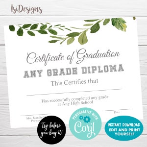 Editable Graduation Certificate, Instant Download, High School Diploma, College Graduation Diploma, Achievement Certificate Template