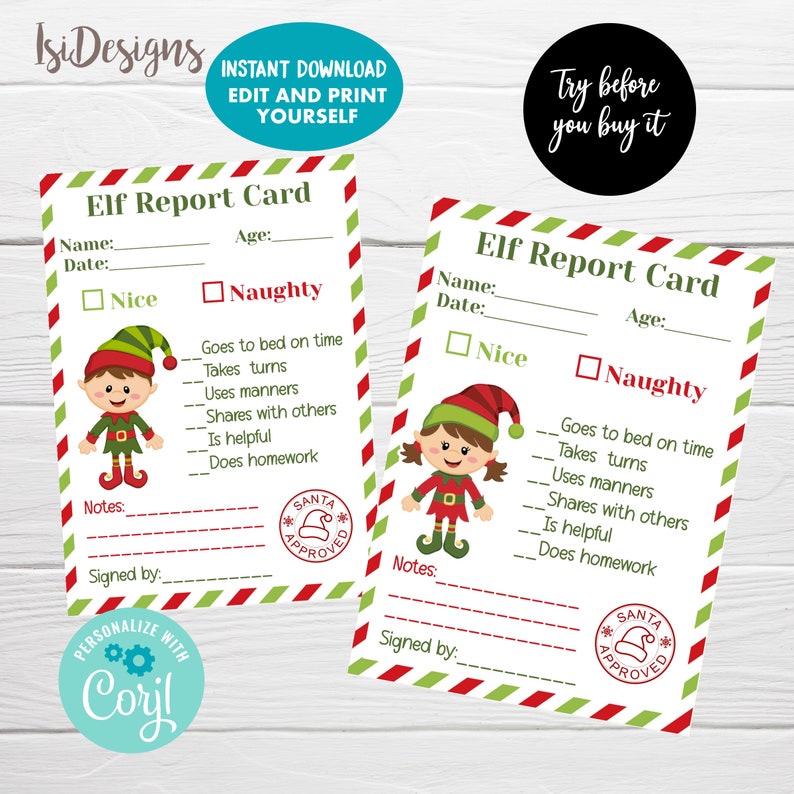 EDITABLE Elf Report Card Naughty or Nice Behavior Boy and - Etsy
