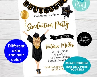 College Graduation Announcement, Graduation Editable Template, Instant Download, Black and Gold Senior Graduation Invitation
