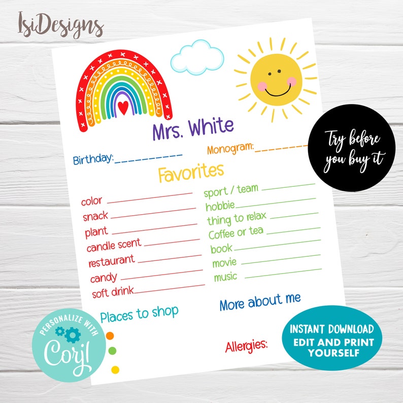 Op de afbeelding: Printbare kennismaking formulier voor de leraar met een regenboog, zon en de tekst "Mevrouw White". Het formulier bevat secties voor verjaardag, monogram, favorieten, winkels, meer over mij en allergie&euml;n.