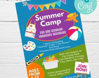 Bearbeitbarer Flyer für Kinder-Sommercamp, Kinder-Tagescamp, Sommercamp-Download-Poster, Corjl-Flyer-Vorlage, Freizeit-Sommeraktivitäten-Flyer