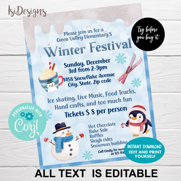 Editable Winter Festival Flyer, Instant Download, Holiday Fundraiser Event Template, School, Church, Community Event Template Invitation