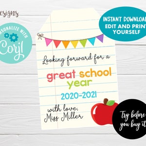 Editable favor tags, Back to school gift tags, looking forward for a great school year, Instant Download