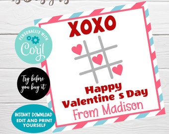 Valentine's Day tags, Instant Download, Editable Valentine's Day Tic Tac Toe Classroom Gift Tags