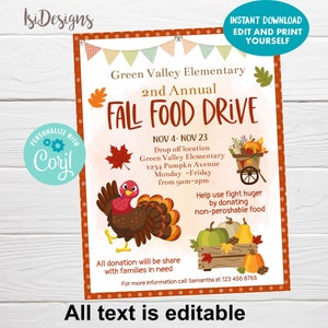 Thanksgiving Food Drive Flyer, Editable Fall Food Drive Poster, Instant Download, PTO/PTA School Church Community Charity Flyer Template