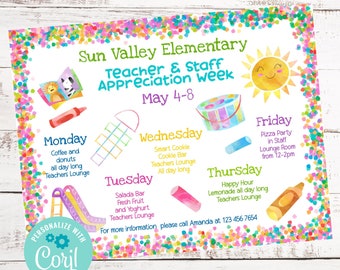Editable Appreciation Week Flyer, Itinerary Schedule, PTA PTO Teacher Staff Appreciation Week Event Planner Template, Instant Download