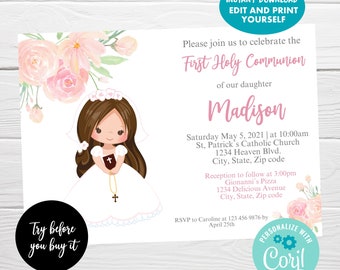 May include: A printable invitation for a First Holy Communion celebration. The invitation features a cartoon illustration of a girl in a white dress and a pink floral design. The text on the invitation reads "First Holy Communion" and "Madison".