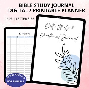 Puede incluir: Planificador digital de estudio bíblico y devocional. La imagen muestra dos tabletas. Una muestra una cuadrícula para rastrear versículos, y la otra presenta el texto "Bible Study & Devotional Journal" con un diseño de hojas. El texto "INSTANT DOWNLOAD NOT EDITABLE" también es visible.