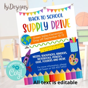 School Supply Drive Flyer, Editable PTA PTO School Supplies Fundraiser Event Poster, Printable Back To School Invite, Instant Download