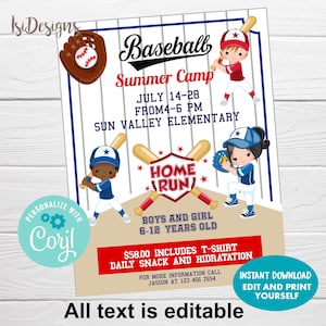 Baseball Camp Editable Flyer, Kids Summer Activities Invitation, Instant Download, Kids Baseball Flyer, Join the Team, Baseball Tryouts