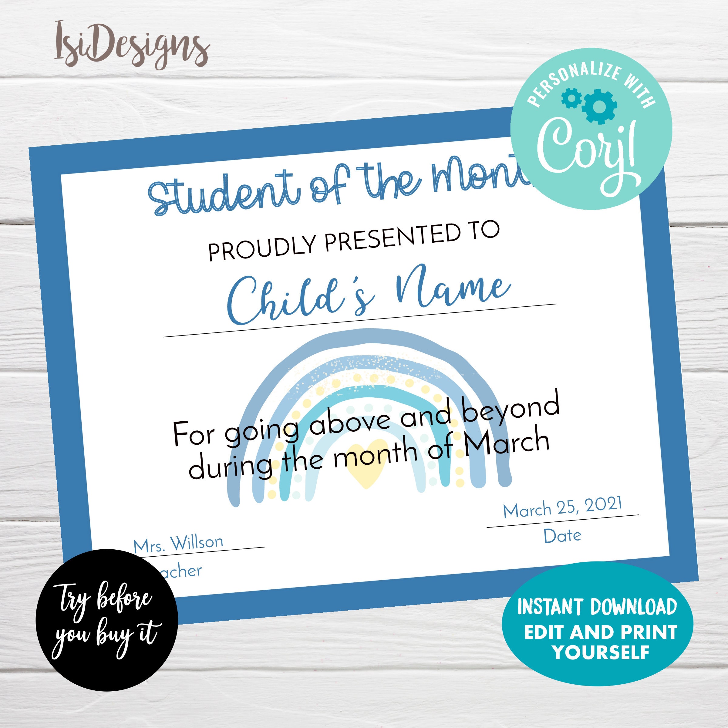 Editable Student of the Month Certificate Blue Rainbow School  Etsy Pertaining To Free Printable Student Of The Month Certificate Templates