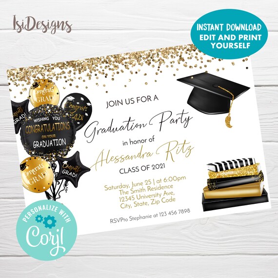 Graduation Invitation, Editable Black and Gold College Graduation Party