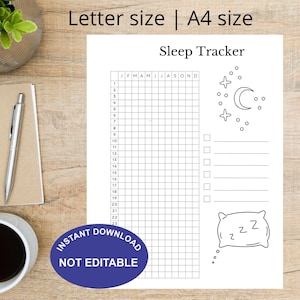 Puede incluir: Un rastreador de sueño imprimible con una cuadrícula para rastrear los patrones de sueño durante todo el año. El rastreador incluye un gráfico de luna y estrellas, una almohada con un gráfico ZZZ y una lista de verificación para notas. El texto "Sleep Tracker" y "JFMAMJJASOND" están en la parte superior de la página. El texto "INSTANT DOWNLOAD" y "NOT EDITABLE" están en la parte inferior de la página.