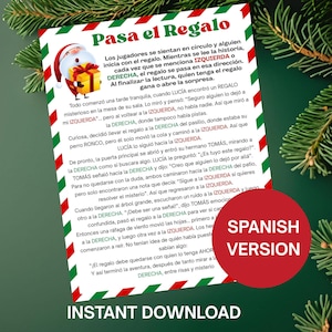 Puede incluir: Una tarjeta de juego imprimible con el título "Pasa el Regalo" en rojo y verde. La tarjeta presenta una historia y instrucciones sobre un regalo. Un gráfico de Papá Noel está en la esquina superior izquierda. Texto "Descarga instantánea" en la parte inferior.