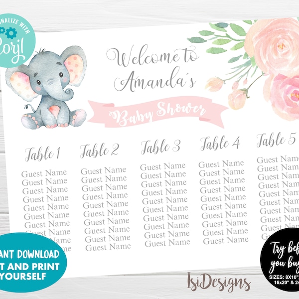 Editable Seating Chart, Elephant Baby Shower Table Chart, Instant Download, Girl Baby Shower Decoration
