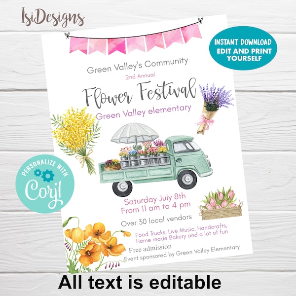 Flower Sale Flyer, Flower Market Editable Template, DIY Template, Marketing Flyer, Instant Download, Summer Festival Fundraiser Template