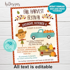 Fall Harvest Festival Flyer, Editable Fall Event Invitation, School Community Church PTO/PTA Autumn Fundraiser Event, Marketing Template