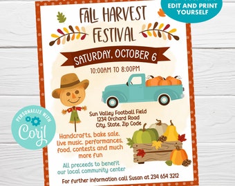 Op de afbeelding: Een flyer voor een herfstfeest met een vogelverschrikker, pompoenen en een tealkleurige pick-uptruck met pompoenen. De flyer bevat evenementdetails zoals datum, tijd en locatie en vermeldt activiteiten zoals ambachten en livemuziek. De tekst zegt "All text is editable."