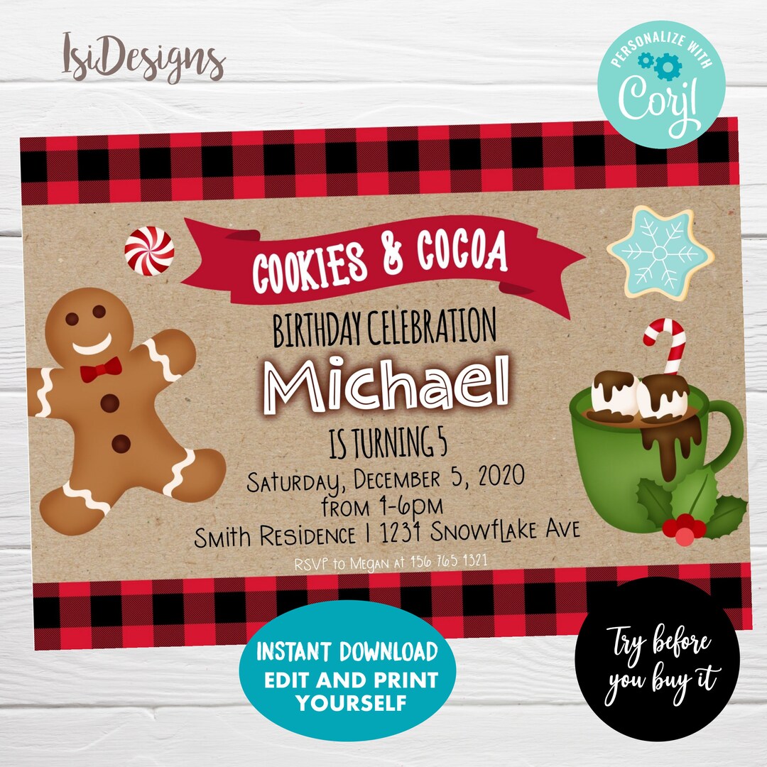 Editable Cookies and Cocoa Invitation, Birthday Lumberjack Plaid ...