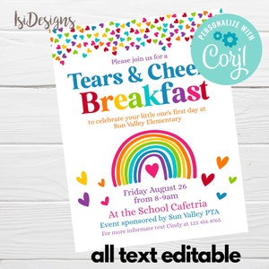 PTO Tears and Cheers Breakfast Flyer, Back to School Flyer Template, 1st day parents breakfast Invitation, School Fundraiser Editable Poster