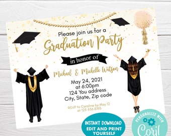 May include: A graduation party invitation with a gold and white background. The invitation features a gold graduation cap garland, two cartoon graduates in caps and gowns, and the text "Please join us for a Graduation Party in honor of Michael & Michelle Watson. May 24, 2021 at 6:00pm 124 You address City, State, Zip code RSVP to Caroline by May 12 at 123 456 8765".